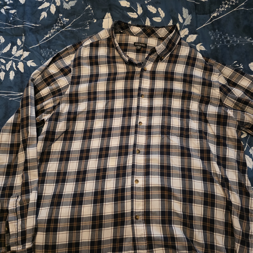 George Men's Plaid Shirt - Navy and White